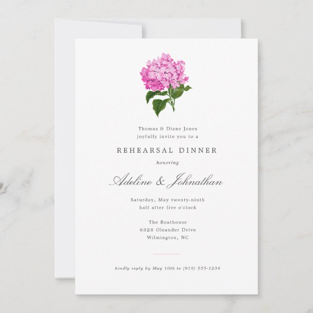 Invitation Dîner de répétition élégant avec Hydrangea rose (Devant)
