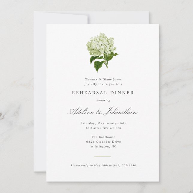 Invitation Dîner de répétition élégant avec Hydrangea verte e (Devant)