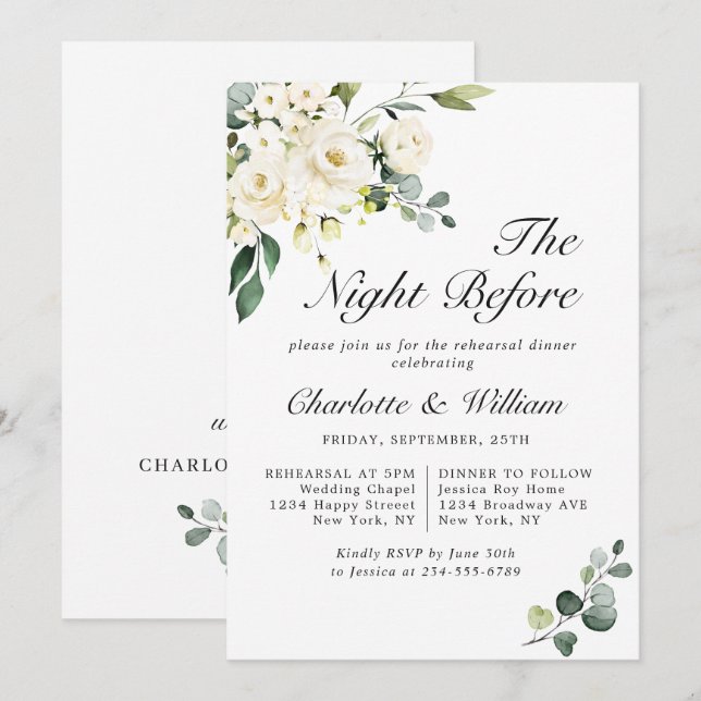 Invitation Dîner de répétition élégant avec roses blanches et (Devant / Derrière)