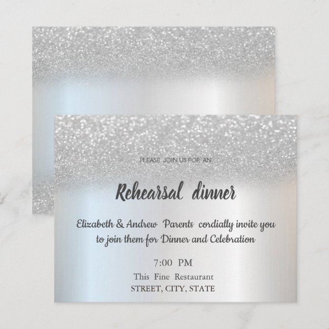 Invitation Dîner de répétition élégant avec scintillement arg (Devant / Derrière)