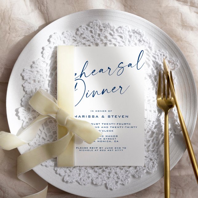 Invitation Dîner de Répétition Élégant Calligraphié Bleu Mari (Créateur téléchargé)