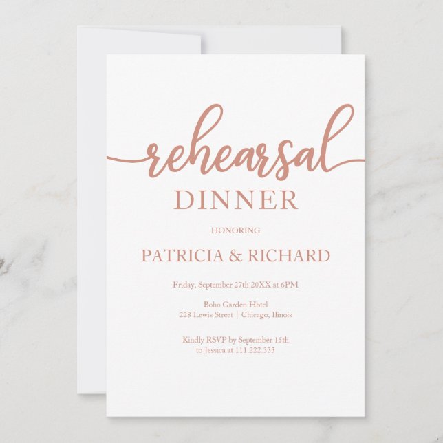 Invitation Dîner de répétition élégant calligraphié en or ros (Devant)