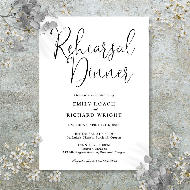 Invitation Dîner de répétition élégant en noir et blanc avec  (Elegant Script Black And White Rehearsal Dinner Invitation)