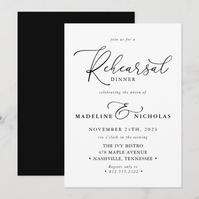 Invitation Dîner de répétition élégant en noir et blanc moder (Devant / Derrière)
