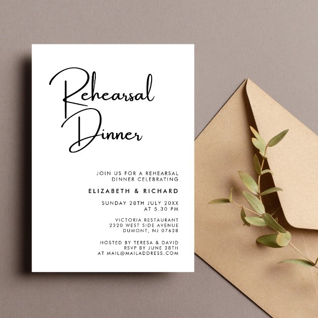 Invitation Dîner de répétition élégant et moderne noir et bla (Elegant modern black and white rehearsal dinner invitation sets a refined pre wedding tone)