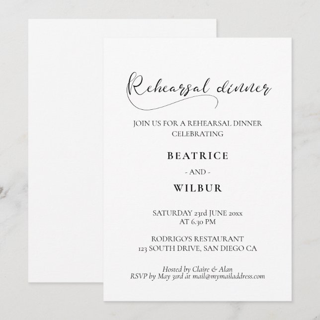 Invitation Dîner de répétition élégant et romantique avec cal (Devant / Derrière)