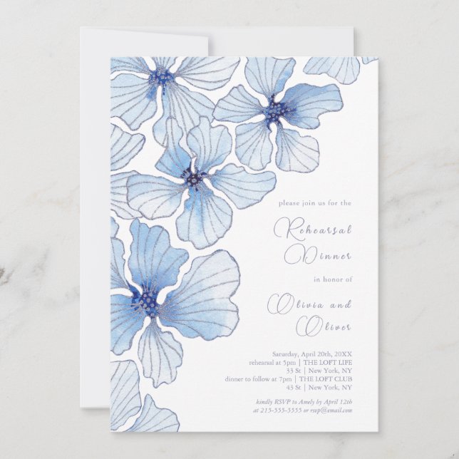Invitation Dîner de répétition Elégant Fleurs Bleues (Devant)