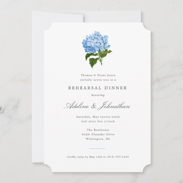 Invitation Dîner de répétition élégant Hydrangea Bleu (Devant)