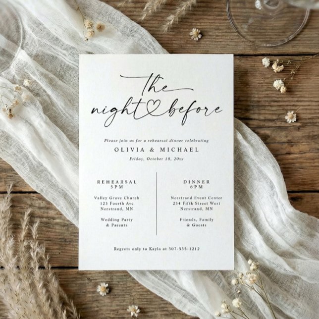 Invitation Dîner de Répétition Élégant Noir & Blanc Écriture  (Elegant rehearsal dinner invitations - The Night Before handwriting script with heart.)