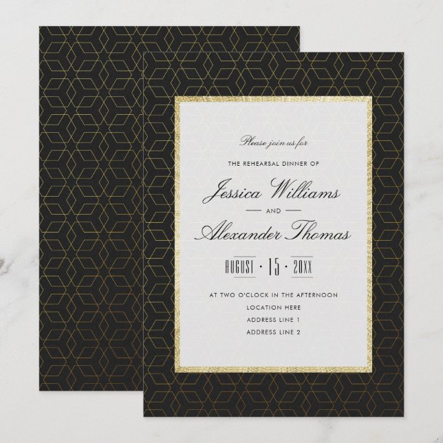Invitation Dîner de répétition élégant or et noir (Devant / Derrière)