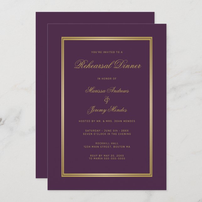 Invitation Dîner de répétition élégant Plum Purple Gold Scrip (Devant / Derrière)
