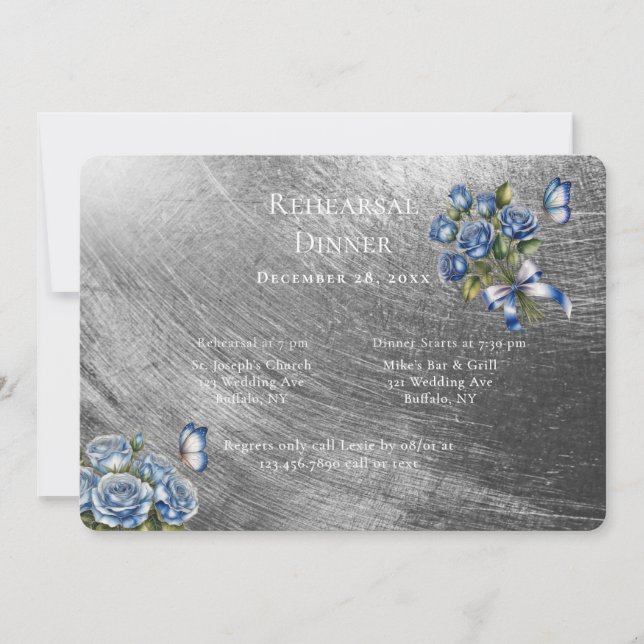 Invitation Dîner de répétition élégant Roses Bleues Argent (Devant)