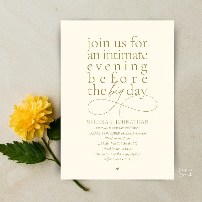 Invitation Dîner de répétition élégant, soirée intime (Modern Elegant Rehearsal Dinner Intimate Evening before big day Invitation Card in Yellow Gold)