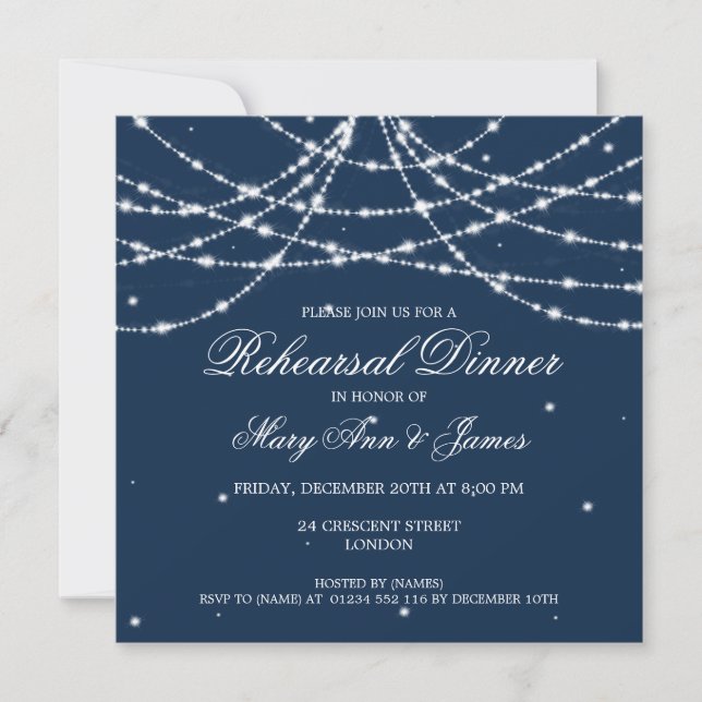 Invitation Dîner de répétition élégant Sparkling String Navy (Devant)