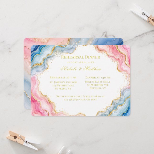 Invitation Dîner de répétition en agate rose bleu or (Devant/Arrière en situation)