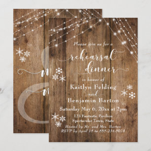Invitation Dîner de répétition en bois rustique, flocons de n