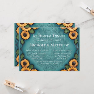 Invitation Dîner de répétition en cuir turquoise et tournesol