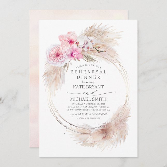 Invitation Dîner de répétition en herbe d'Orchidées roses et  (Devant / Derrière)