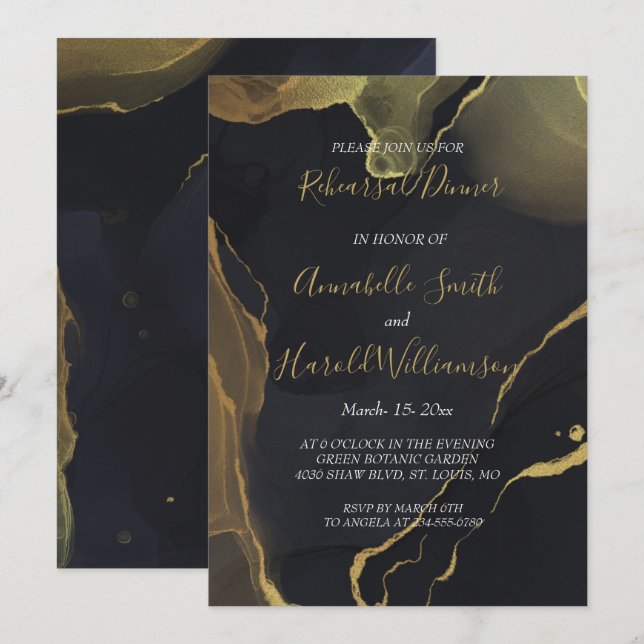 Invitation Dîner de répétition en marbre noir et or Invitatio (Devant / Derrière)
