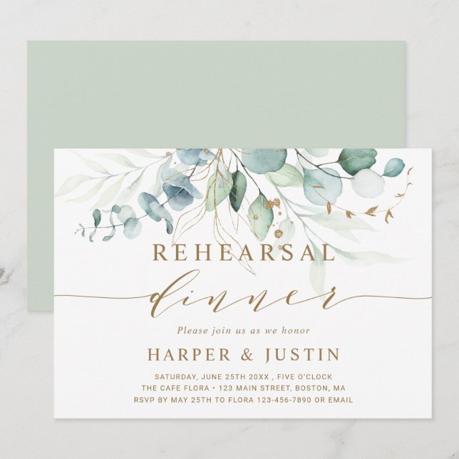 Invitation Dîner de répétition en or et vert (Devant / Derrière)