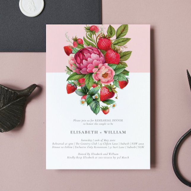 Invitation Dîner de répétition estivale fraises et pivoines (Créateur téléchargé)