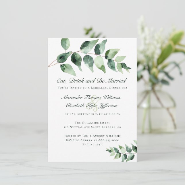 Invitation Dîner de répétition Eucalyptus Aquarelle | Blanc (Debout devant)