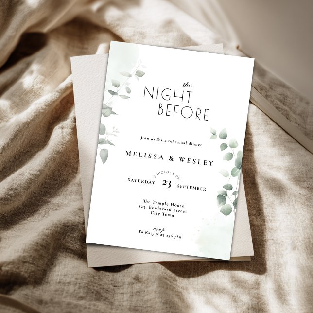 Invitation Dîner de répétition Eucalyptus de verdure à la mod (The night before rehearsal dinner with floral eucalyptus details.)