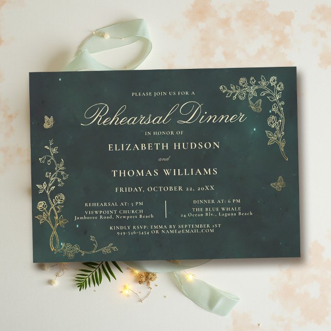 Invitation Dîner de répétition Fairycore Bois Émeraude Vert (forest wedding invitation rehearsal dinner invite fairycore woodland wild roses vines butterflies)