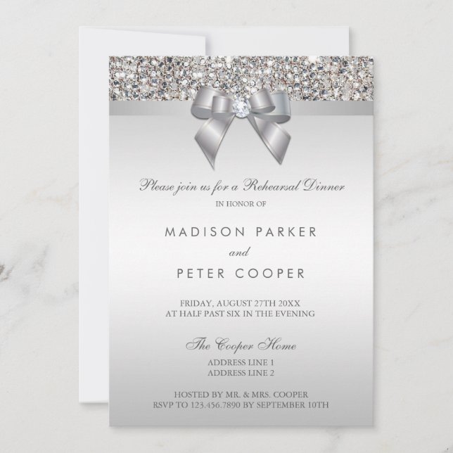 Invitation Dîner de répétition Faux Silver Sequins Bow (Devant)