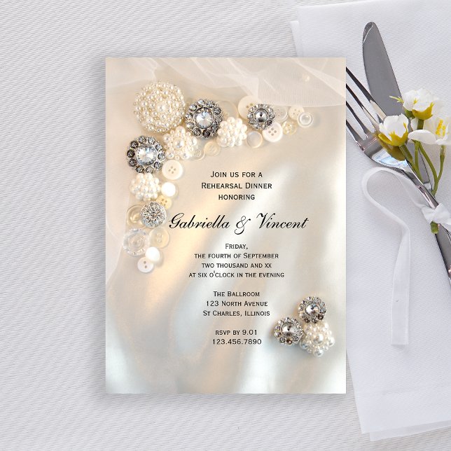 Invitation Dîner de répétition Faux White Pearl Diamond Butto (Créateur téléchargé)