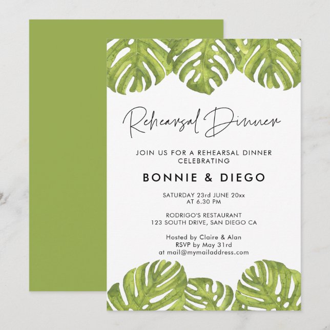 Invitation Dîner de répétition feuille de palme tropicale (Devant / Derrière)