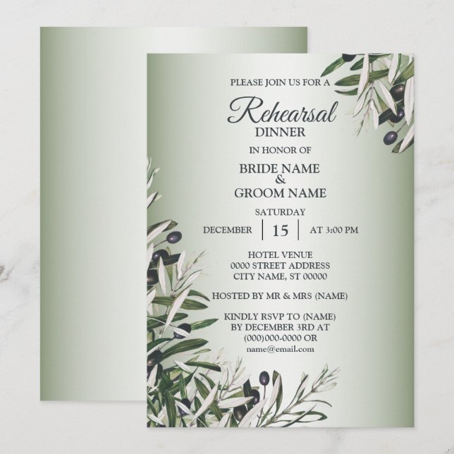 Invitation Dîner de répétition feuilles vertes olive noire (Devant / Derrière)