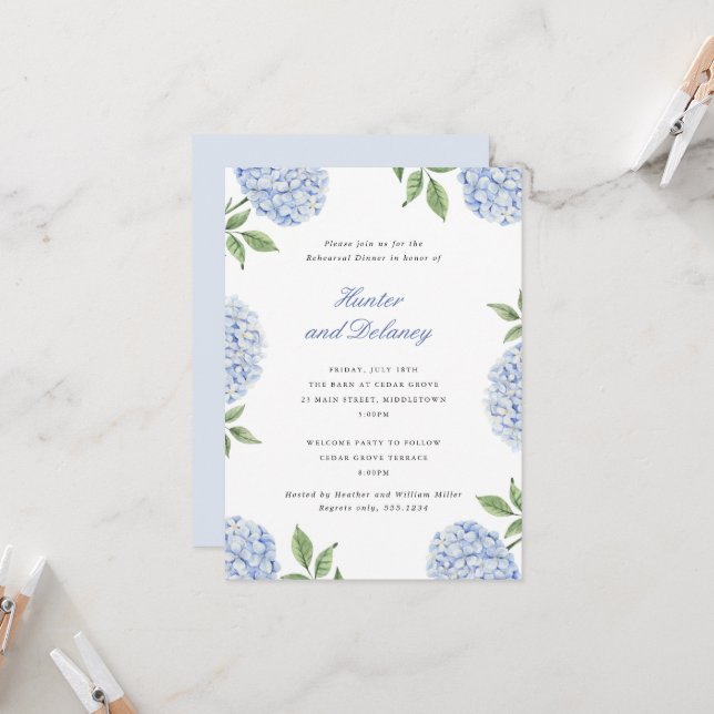 Invitation Dîner de répétition Fleur d'hortensia bleu classiq (Devant/Arrière en situation)