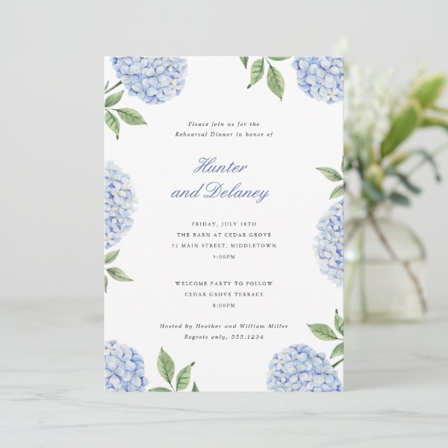 Invitation Dîner de répétition Fleur d'hortensia bleu classiq (Debout devant)