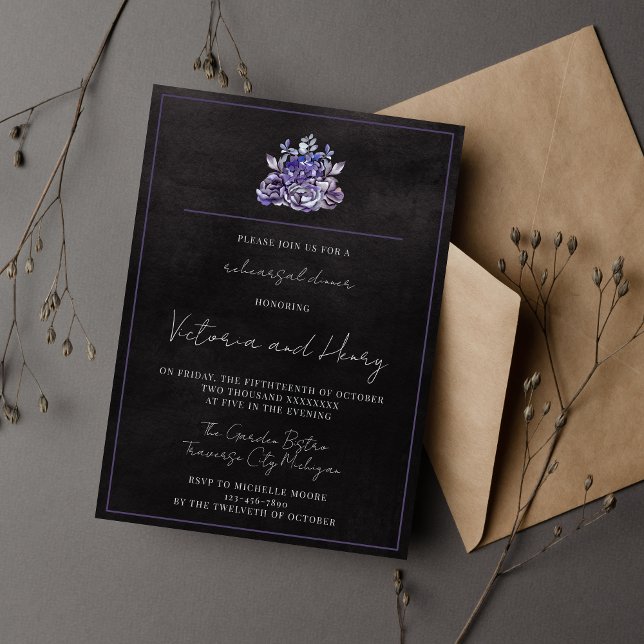 Invitation Dîner de répétition Fleur foncée Noir Humeur viole (Créateur téléchargé)