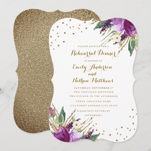 Invitation Dîner de répétition Fleur Or Violet Aquarelle (Devant / Derrière)