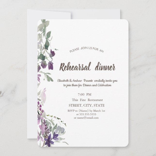 Invitation Dîner de répétition Fleur sauvage violette aquarel (Devant)