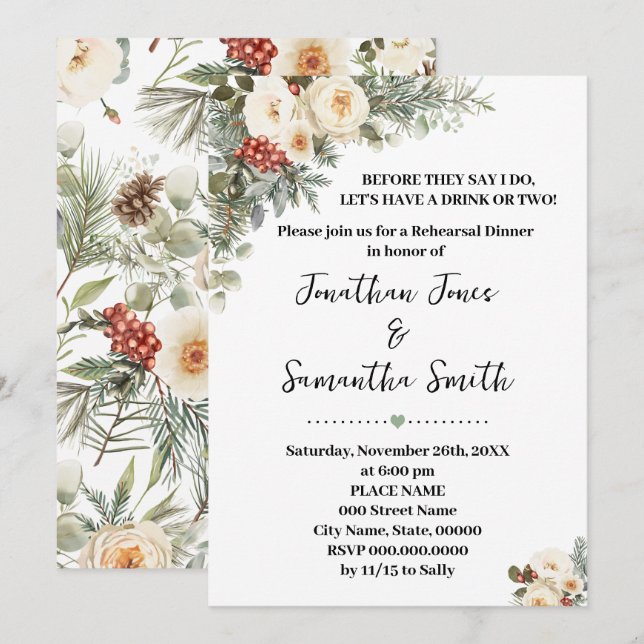 Invitation Dîner de Répétition Fleurs Blanches d'Hiver (Devant / Derrière)