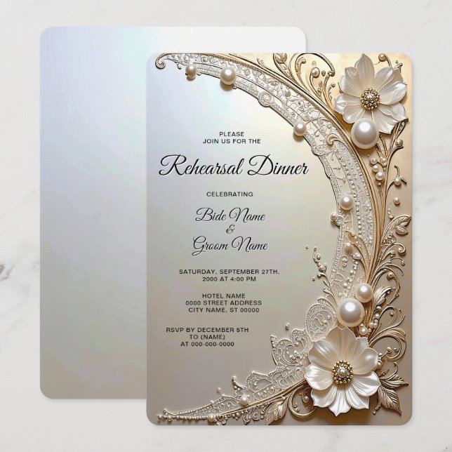 Invitation Dîner de répétition Fleurs blanches modernes Perle (Devant / Derrière)