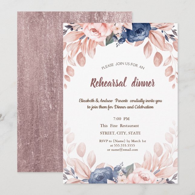 Invitation Dîner de répétition Fleurs bleues à l'aquarelle (Devant / Derrière)