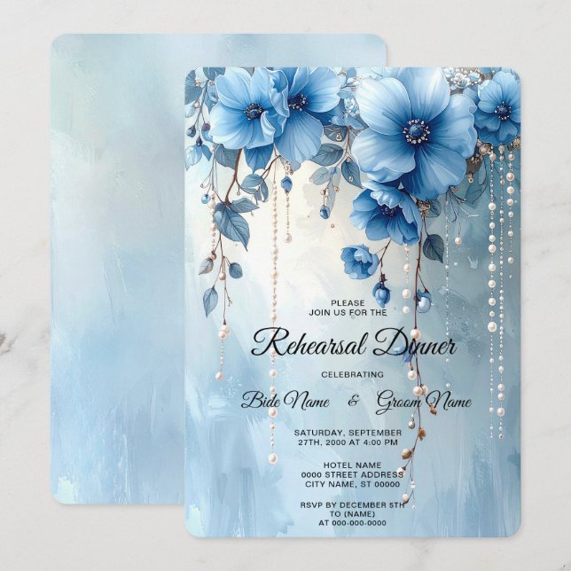 Invitation Dîner de répétition Fleurs bleues et perles (Devant / Derrière)