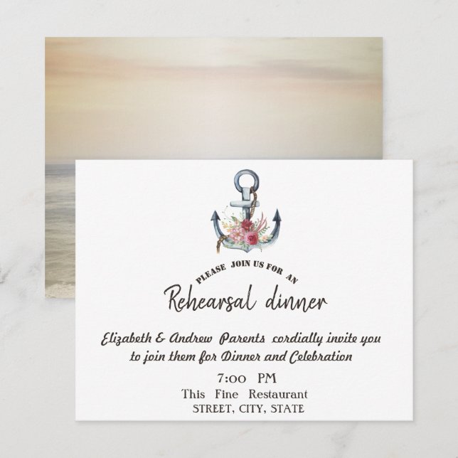 Invitation Dîner de répétition Fleurs d'ancre à l'aquarelle (Devant / Derrière)