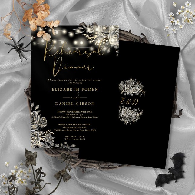 Invitation Dîner de répétition Fleurs noires dorées gothiques (Gothic Black Gold Floral Lights Rehearsal Dinner Invitation)