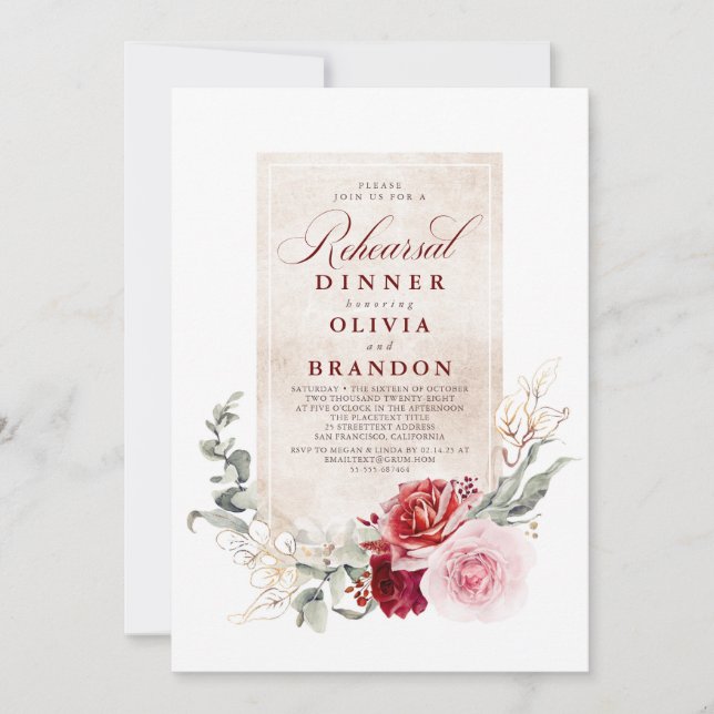 Invitation Dîner de répétition Fleurs rouges et roses de Bour (Devant)