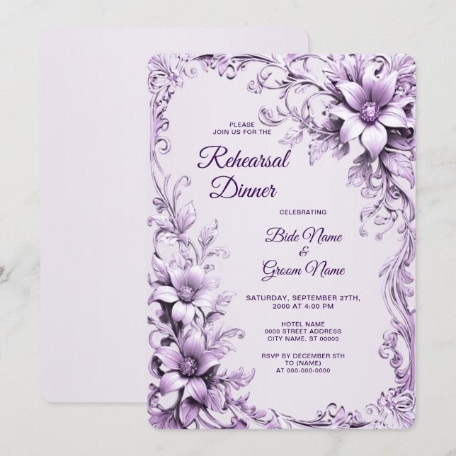 Invitation Dîner de Répétition Fleurs Violettes Élégantes (Devant / Derrière)