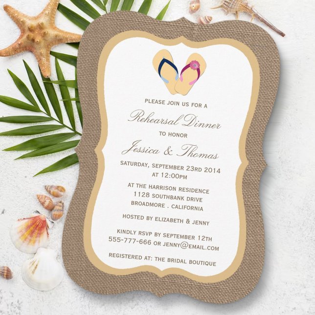 Invitation Dîner de répétition Flip Flop Sand Beach Burlap (Créateur téléchargé)