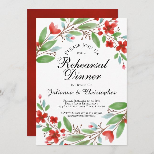 Invitation Dîner de répétition Floral à l'aquarelle rouge (Devant / Derrière)