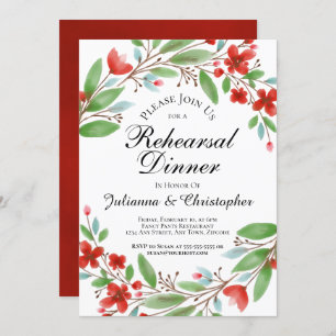 Invitation Dîner de répétition Floral à l'aquarelle rouge