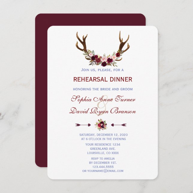Invitation Dîner de répétition Floral Antlers de Bourgogne (Devant / Derrière)