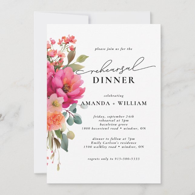 Invitation Dîner de répétition floral aquarelle (Devant)